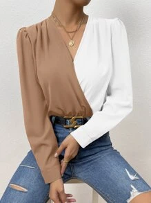 SHEIN Privé 雙色泡泡袖交疊領連身背心 - 咖啡棕 - 查看 4