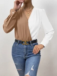 SHEIN Privé 雙色泡泡袖交疊領連身背心 - 咖啡棕 - 查看 5