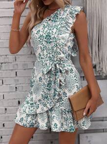 Breezaya 印花單肩荷葉邊圍裹下擺繫腰帶連衣裙 - 綠色 - 查看 1