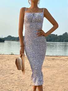 SHEIN VCAY 小碎花打褶前繫帶荷葉邊吊帶洋裝