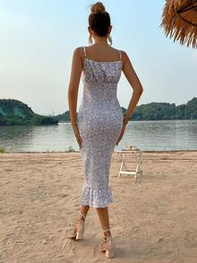 SHEIN VCAY 小碎花打褶前繫帶荷葉邊吊帶洋裝