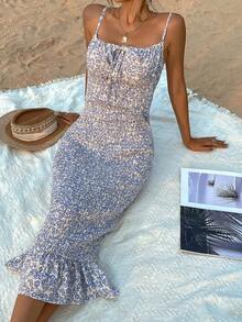 SHEIN VCAY 小碎花打褶前繫帶荷葉邊吊帶洋裝