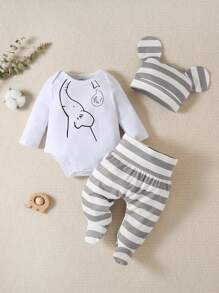 SHEIN 男嬰卡通圖案連體衣和條紋圖案包腳長褲 - 彩色 - 查看 1