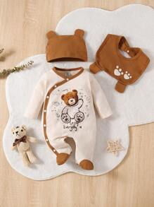 SHEIN Playful Pals Da Neonato Jumpsuit da notte calzata con stampa orso bordo a contrasto