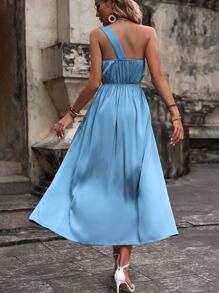 Chiquease 素色高衩單肩連衣裙 - 藍色 - 查看 3