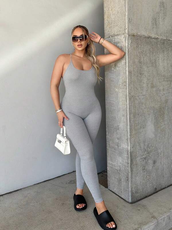SHEIN SXY Summer Backless Solid Criss Cross Cami Unitard Jumpsuit