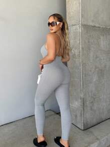 SHEIN SXY Summer Backless Solid Criss Cross Cami Unitard Jumpsuit - Light Grey - View 5