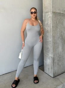 SHEIN SXY Summer Backless Solid Criss Cross Cami Unitard Jumpsuit - Light Grey - View 6