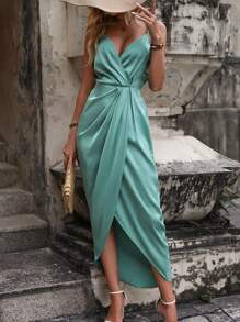 Chiquease 素色圍裹下擺緞面吊帶洋裝