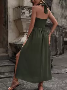 SHEIN LUNE 素色高衩繞頸露背連衣裙 - 軍綠色 - 查看 4