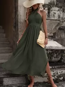SHEIN LUNE 素色高衩繞頸露背連衣裙 - 軍綠色 - 查看 5