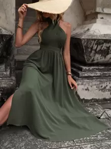 SHEIN LUNE 素色高衩繞頸露背連衣裙 - 軍綠色 - 查看 6