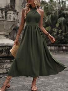 SHEIN LUNE 素色高衩繞頸露背連衣裙 - 軍綠色 - 查看 2