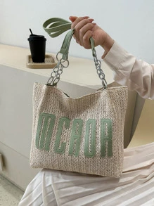 時尚、極簡、休閒、字母貼花裝飾草編袋，適用於女孩、少女，防水、防沙透明袋，適用於海灘運動野餐簡易包 - 彩色 - 查看 7