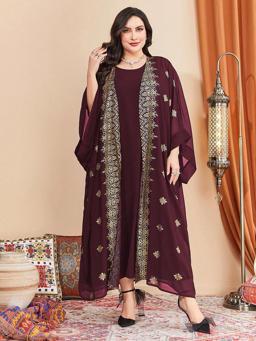 Al Najma 勃艮第红色加大花卉印花前开式蝙蝠袖外套和连衣裙 - 酒紅色 - 查看 1