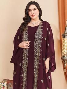 Al Najma 勃艮第红色加大花卉印花前开式蝙蝠袖外套和连衣裙 - 酒紅色 - 查看 3