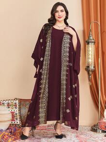 Al Najma 勃艮第红色加大花卉印花前开式蝙蝠袖外套和连衣裙 - 酒紅色 - 查看 7