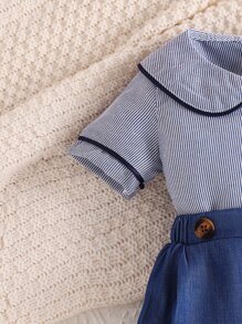 SHEIN Baby Boy Contrast Binding Peter Pan Collar Top & Shorts - Multicolor - View 3