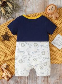 男嬰卡通圖案撞色滾邊連身短褲 - 彩色 - 查看 2