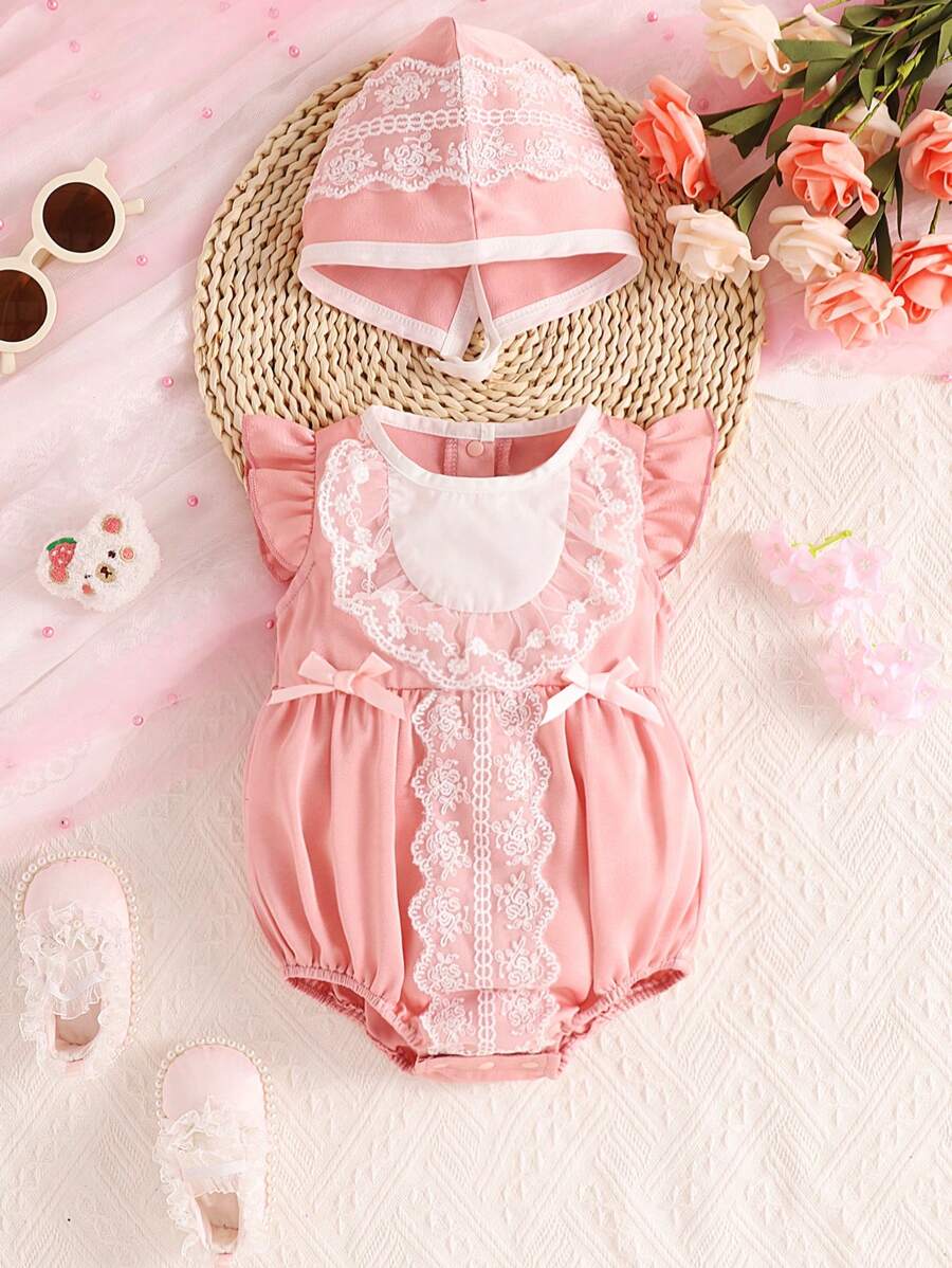 Bebé Body con encaje en contraste ribete con fruncido con lazo delantero con Accesorio Sombrero - Rosa - Ver 1