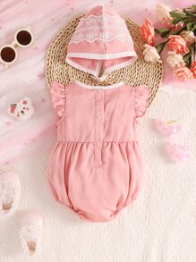 Bebé Body con encaje en contraste ribete con fruncido con lazo delantero con Accesorio Sombrero - Rosa - Ver 2