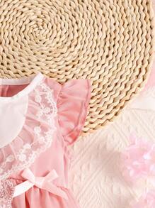 Bebé Body con encaje en contraste ribete con fruncido con lazo delantero con Accesorio Sombrero - Rosa - Ver 4