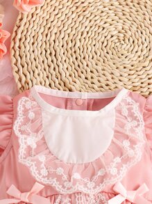 Bebé Body con encaje en contraste ribete con fruncido con lazo delantero con Accesorio Sombrero - Rosa - Ver 5