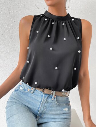 SHEIN Privé 珍珠串珠後綁帶無袖襯衫