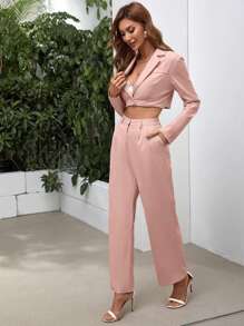 SHEIN Privé Solid Crop Blazer & Tailored Trousers - Dusty Pink - View 4