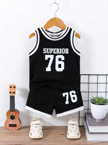 SHEIN 男嬰字母圖案條紋飾邊背心上衣和短褲 - 黑色 - 查看 1