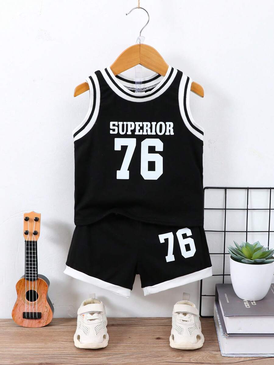 SHEIN 男嬰字母圖案條紋飾邊背心上衣和短褲 - 黑色 - 查看 1