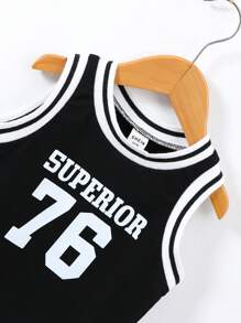 SHEIN 男嬰字母圖案條紋飾邊背心上衣和短褲 - 黑色 - 查看 7