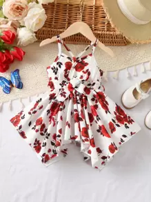 SHEIN 嬰兒印花不對稱下擺吊帶洋裝 - 白色 - 查看 1