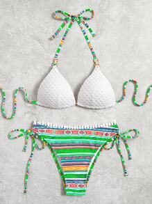 條紋圖案掛脖三角杯比基尼泳裝 - 彩色 - 查看 4