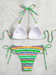 條紋圖案掛脖三角杯比基尼泳裝 - 彩色 - 查看 5