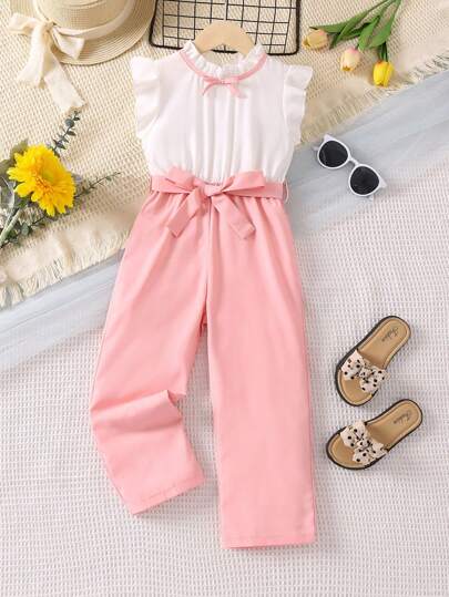 SHEIN Young Girl Color-block Elegant Urban Sweet Fresh Jumpsuit With Mandarin Collar For Summer