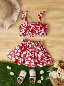 SHEIN 嬰兒印花肩部蝴蝶結吊帶上衣和紙袋腰半身裙 - 紅白色 - 查看 2
