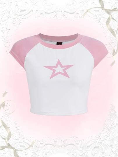 Kawaii T-shirt con maniche a raglan con stampa a stelle, per la scuola