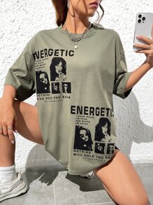 SHEIN EZwear 人物与口号图案落肩 T 恤 活力四射 我知道我来自哪里，要去哪里 没有什么能阻挡你 做你自己的太阳 - 軍綠色 - 查看 1