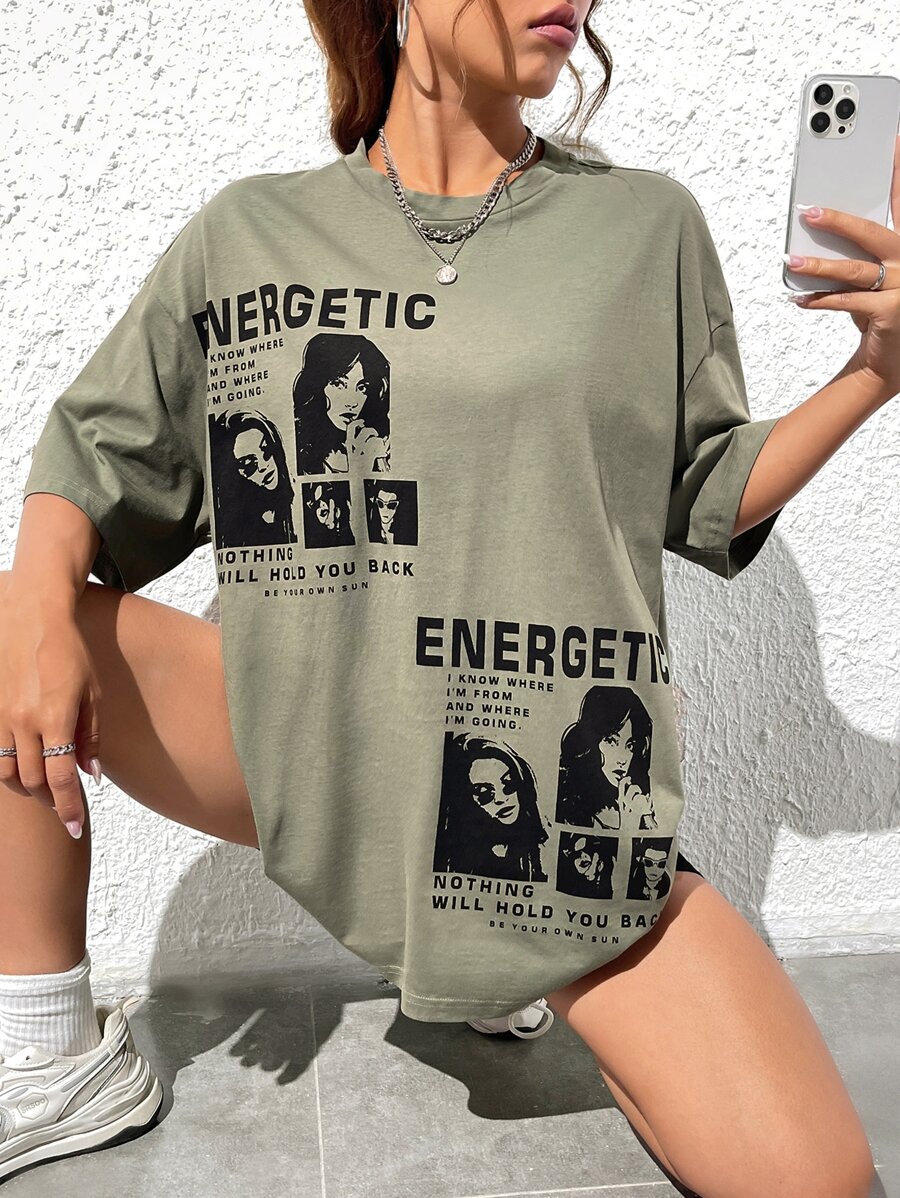 SHEIN EZwear 人物与口号图案落肩 T 恤 活力四射 我知道我来自哪里，要去哪里 没有什么能阻挡你 做你自己的太阳 - 軍綠色 - 查看 1