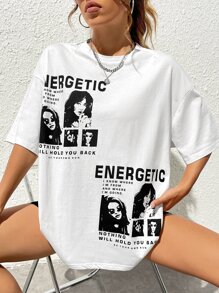 SHEIN EZwear Figure & Slogan Graphic Drop Shoulder Tee