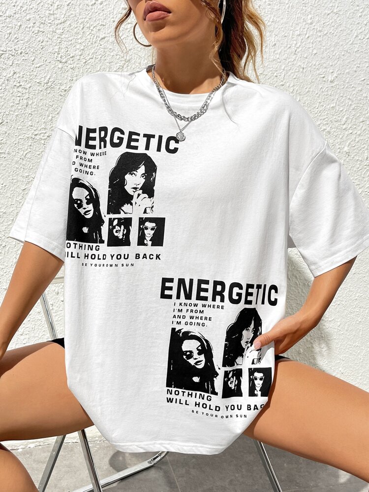 Figure & Slogan Graphic Drop Shoulder Tee
