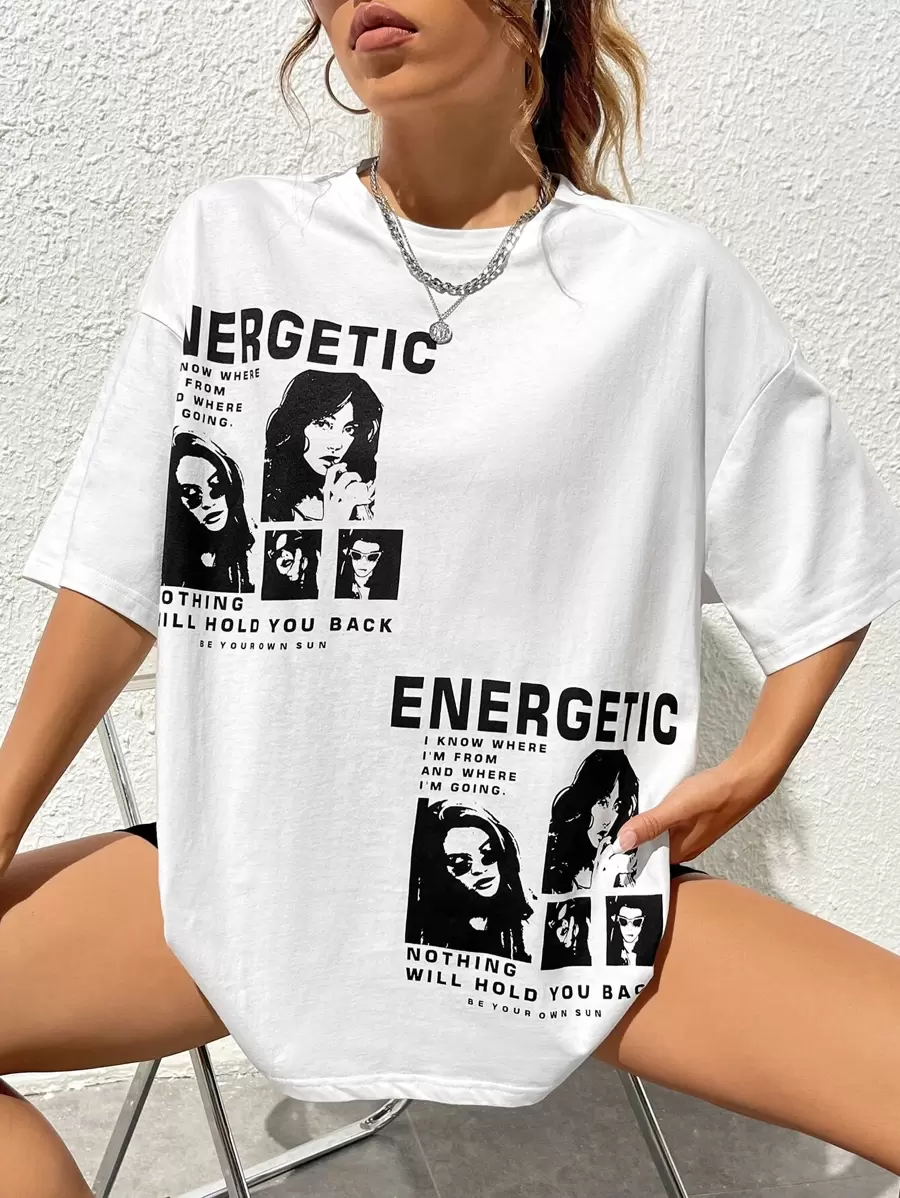 SHEIN EZwear Figure & Slogan Graphic Drop Shoulder Tee