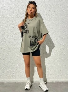 SHEIN EZwear 人物与口号图案落肩 T 恤 活力四射 我知道我来自哪里，要去哪里 没有什么能阻挡你 做你自己的太阳 - 軍綠色 - 查看 4