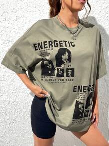 SHEIN EZwear 人物与口号图案落肩 T 恤 活力四射 我知道我来自哪里，要去哪里 没有什么能阻挡你 做你自己的太阳 - 軍綠色 - 查看 5