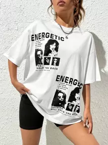 SHEIN EZwear Figure & Slogan Graphic Drop Shoulder Tee