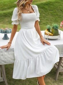 Breezaya 圓點方領抽褶細節泡泡袖荷葉邊連衣裙 - 白色 - 查看 1