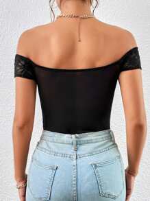 Allurite Body de hombros descubiertos ribete en abanico con encaje - Negro - Ver 2