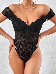 Allurite Body de hombros descubiertos ribete en abanico con encaje - Negro - Ver 3