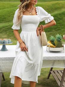 Breezaya 圓點方領抽褶細節泡泡袖荷葉邊連衣裙 - 白色 - 查看 3